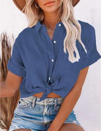 Womens Short Sleeve Cotton Button Down Up Shirt Collared V