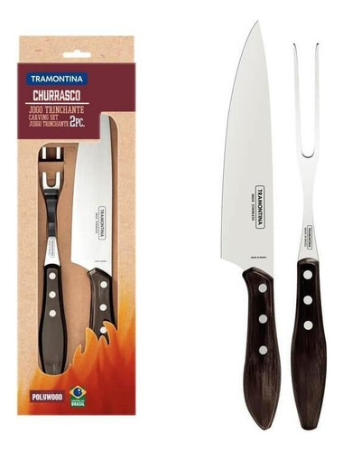 Juego 2 pzs Asado Tramontina Polywood Cuchillo y tenedor trinchante Acero Inox Mango Madera Tratada roble castaño
