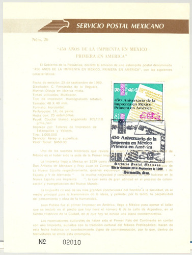 450 Años Imprenta En México  1989 Carnet Primer Día