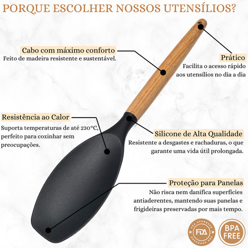 De Kit C/12 Utensílios De Cozinha Madeira Silicone Cabo