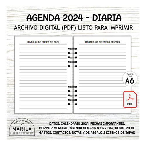 Pdf Agenda 2024 Diaria Sin Horario Imprimible / A6 / Anillar