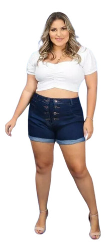 Short Feminino Jeans Plus Size  Lycra E Botões Cintura Alta