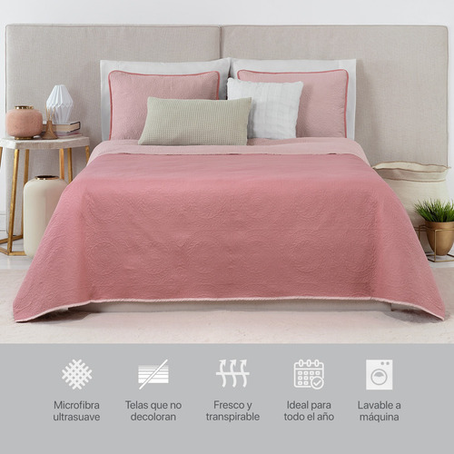 Edredón Ligero Doble Vista Real Textil + 2 Fundas De Almohada, Juego De Colcha Matrimonial, Color Rosa Oscuro - Rosa Rosa Oscuro - Rosa Liso