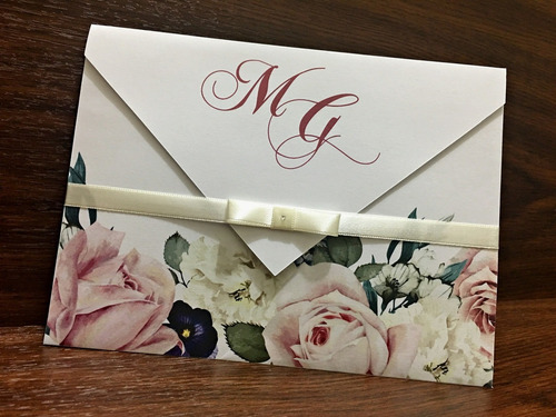 3 Convites De Casamento - R$2,45 Uni. - Floral Rosa E Branco