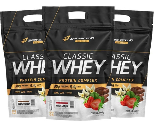 Kit 3x Suplemento Pó Classic Whey Protein 900g Bodyaction Sabor baunilha chocolate morango