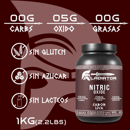 Óxido Nítrico Gladiator 1 Kg 200 Serv Varios Sabores Uva