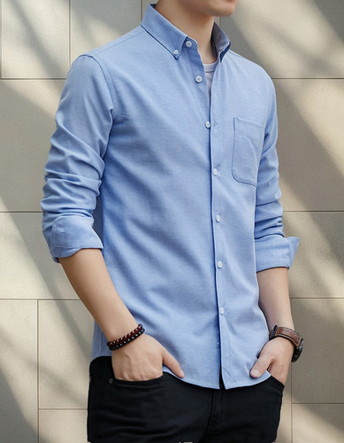Camisa Para Hombre, Diseño De Dobladillo Con Botones, Algodó