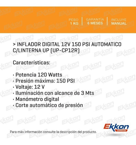 Imagen 2 de 10 de Inflador Digital Upper 12v 150 Psi Automático C/linterna