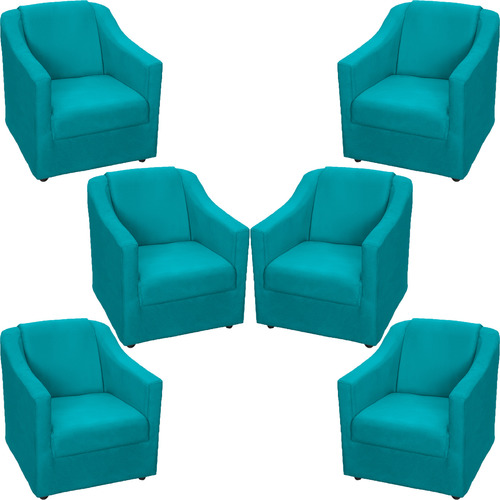 Kit 6 Poltronas Decorativas Reforçadaspara Recepção Suede Cor Azul-turquesa Desenho Do Tecido Suede Liso