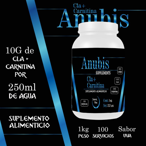 Cla + Carnitina 1kg Anubis 100 Servs Pre Entreno Sabores Uva