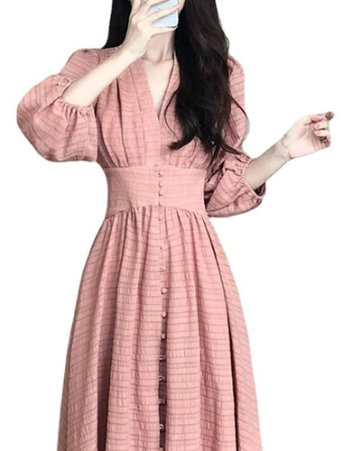 Vestido De Mujer Con Cuello En V, Vestido Rosa De Cintura Al