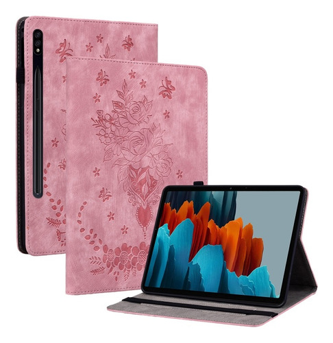 Funda De Cuero Con Rosa Y Mariposa Para Samsung Tab S9 Plus