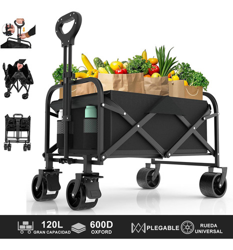 Carrito Vagón Plegable Portátil Multiusos Resistente Cámping Con Capacidad De Carga De 150 Kg, Con 2 Bolsillos Y Frenos, Equipado Con Neumáticos Todo Terreno, Adecuado Para Jardinería, Viajes, Picnics