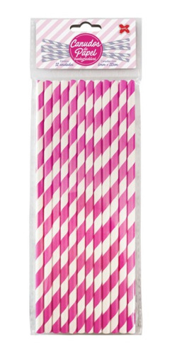 Canudo De Papel Listrado Pink  6mmx200mm - 12 Unidades - Mak