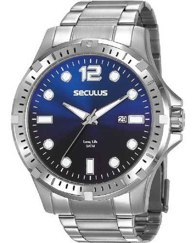 Relógio Seculus Masculino Analógico Prata Azul Original Nota