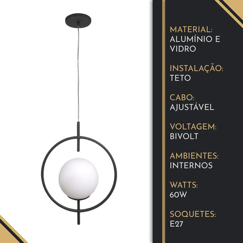 Pendente Ball Preto Com Esfera Vidro Leitoso - All Lux