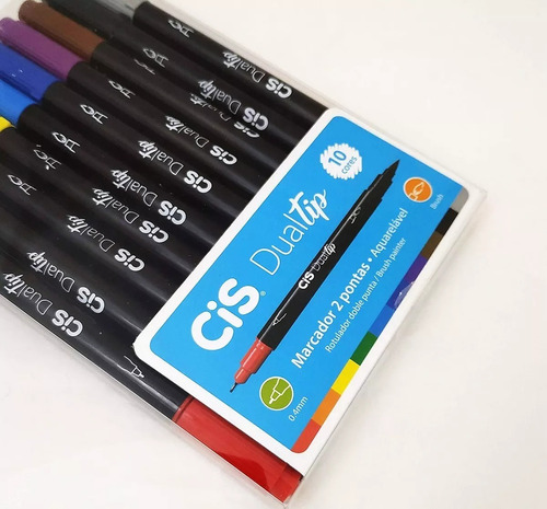 Marcador Pen Brush Dual Tip Duas Pontas 10 Cores Cis