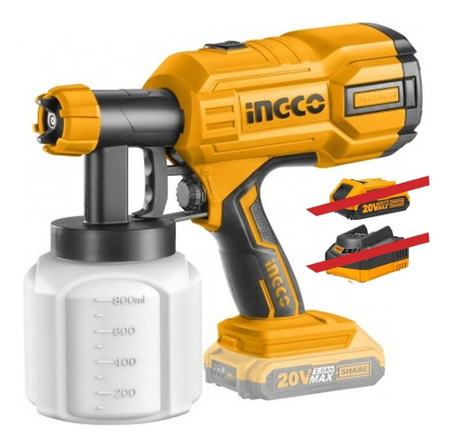 Imagen 1 de 4 de Pistola Pintar 20v Inalambrica Ingco 2,5mm Industrial 800ml