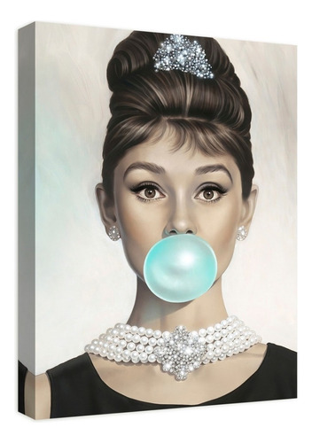 Cuadro Decorativo Canvas Audrey Hepburn Bubble Gum Azul Color Con Bastidor