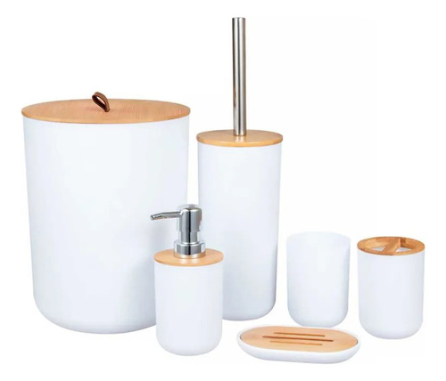 Kit Banheiro Com Tampa Em Bambu 6 Peças Em Plástico Cor Branco