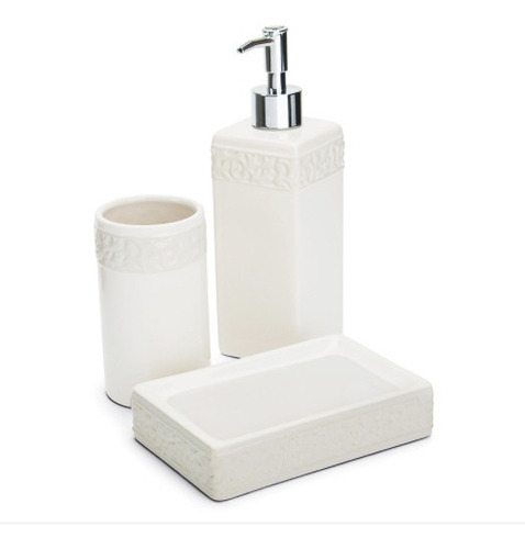 Jogo Banheiro Porcelana Porta Escova Sabonete Líquido 3 Pcs