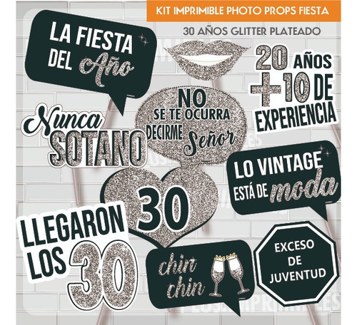 Imprimible Photoprops Cartelito Cumple 30 Años Simil Glitter Plateado Glitter