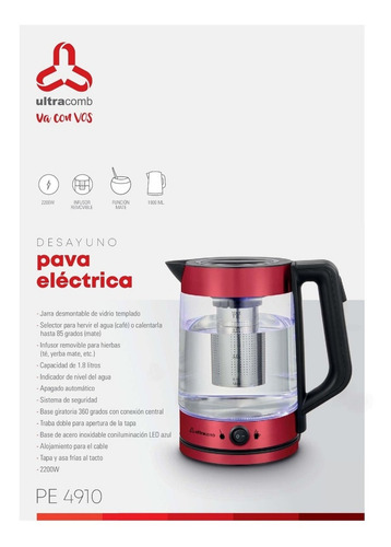 Imagen 5 de 6 de Ultracomb Pe4910 Pava Electrica Con Infusor De Te Func. Mate
