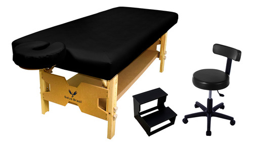 Kit Maca Mesa Fixa Altura Regulável + Mocho Com Encosto + Escada para Estetica Massagem Cor Preto