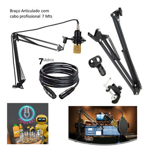 Imagem 1 de 5 de Kit Braço Articulado Mesa Para Microfones + Cabo 7 Mts Xlr