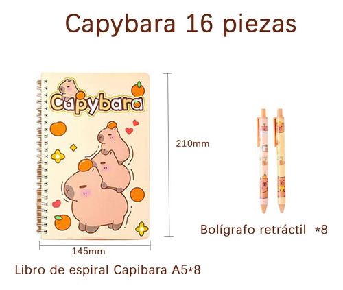 8pcs Libreta A5 Estilo Capybara+8 Bolígrafos Marrón Claro