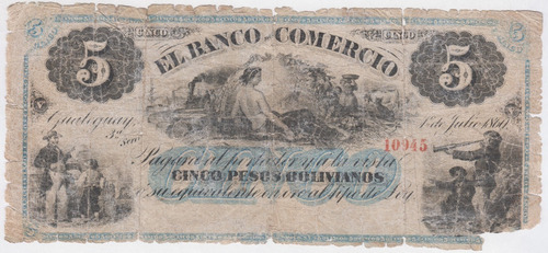 Billete Argentina 5 Pesos 1869 Banco Del Comercio (c85)