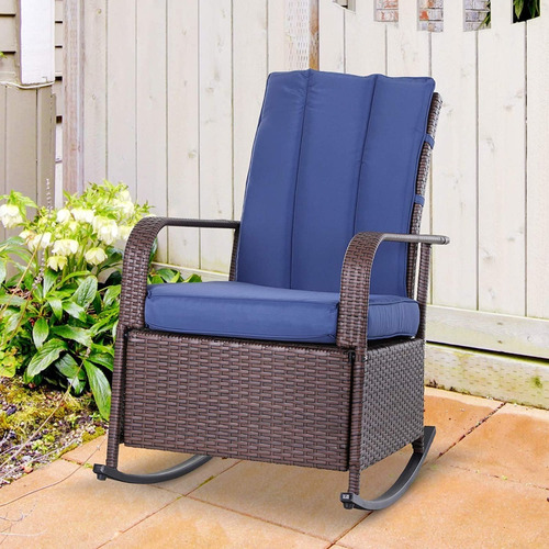 Silla Mecedora Y Reclinable De Mimbre Marron Azul Outsunny