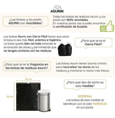 Imagen 2 de 4 de Bolsas Residuo Asurin Rollo 45x55 Limon Negra 20 Unid
