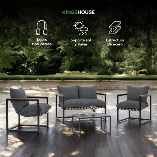 Sala De Jardín Exterior Con Cojines y Mesa Juego de 4Pzs Estructura de Acero Soporte en Madera Muebles de Patio al Aire Libre Terraza Balcón KingsHouse Kh4plbc Negro
