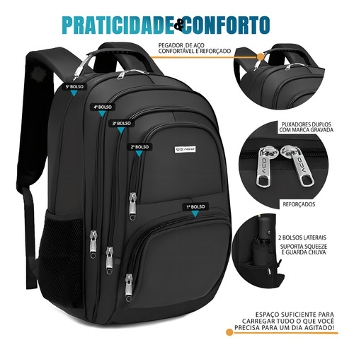 Mochila: bolsa para portátil reforzada a prueba de agua para hombre, color: negro