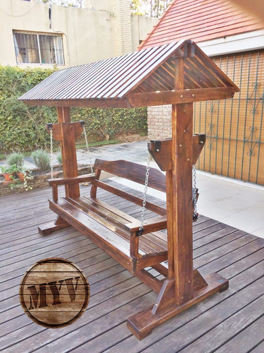 Imagen 4 de 8 de Hamaca En Madera Con Techo Para Jardín Exterior