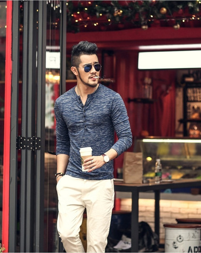 Camisa Masculina Henley Manga Longa M - Azul