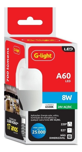 Kit Com 20 Lâmpada A60 Led 8w 24v 6500k E27 G Light Cor da luz Branca