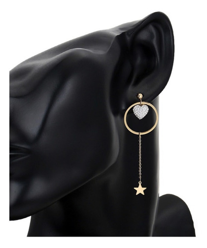 Imagen 8 de 8 de Aretes Estrella Corazon Swarovski Largos Dispar Oro 14k Lam