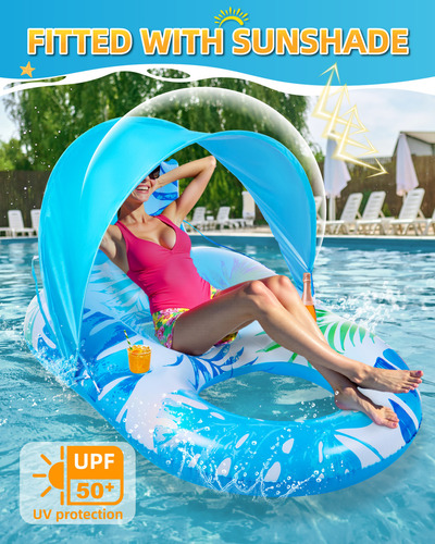 Lictin Tumbona De Piscina Con Dosel Upf50+,con Luz Led, Tumbona Inflable, Flotador Grande Para Broncearse Para Adultos Y Niños, Juguetes De Natación Con Portavasos,respaldo Y Reposapiés