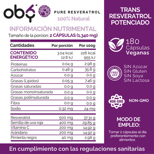 Resveratrol 100% Puro Y Vegano | Alto Contenido Polifenoles | Potenciado Pimienta Negra, Semilla Uva, Vitaminas Y Arándano | Suplemento Alimenticio | Trans Resveratrol Oby Antioxidante 180 Capsulas
