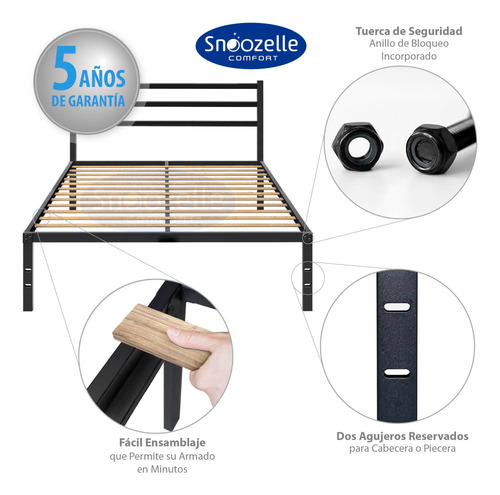 Base De Cama Matrimonial Cabecera Metal Resistente Moderno Negro