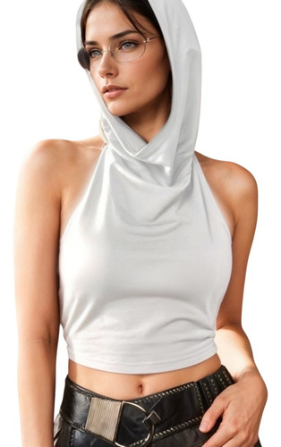 Blusa Crop Top Recta Con Capucha Sin Mangas Mujer