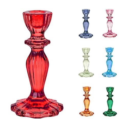 Portavelas De Cristal Rojo | Candelero Cónico Decorativo Par