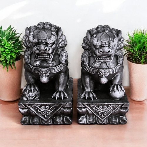 Pareja De Perros Fu De Gran Tamaño 20 Cm Plateado