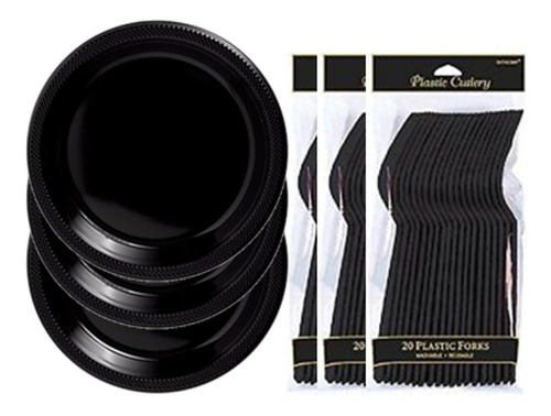 60 Platos Pastelero + 60 Tenedores Negro Desechables Premium