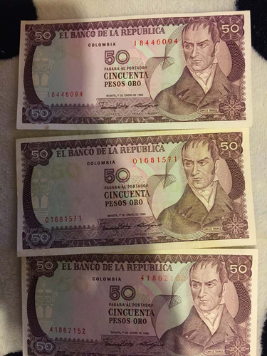 Vendo 3 Billetes De 50 Pesos Colombianos Enero 1 De 1966