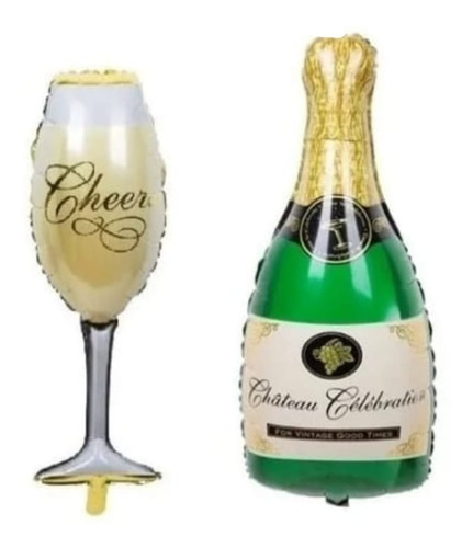 Globos Metalizados Botella Verde Champagne+ Copa Grande 
