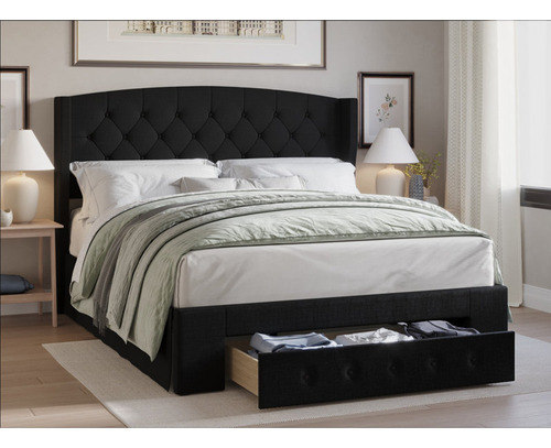 Base Cama Con Almacenaje Y Respaldo Tapizado Alojzije Negra