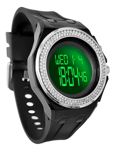 Reloj Digital Bisel Empedrado Para Dama 30mm Steiner 3atm Correa Negro Bisel Plateado Fondo Negro